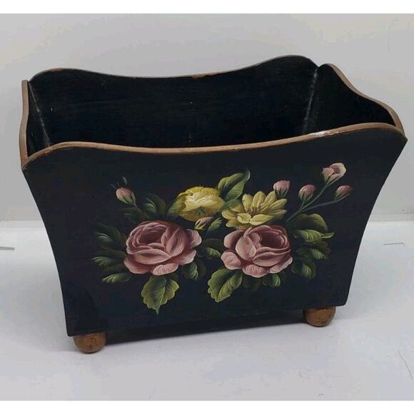 Vintage Toleware Hand Painted Roses Black Jardiniere Cache Pot Decor Vanity - Picture 1 of 12
